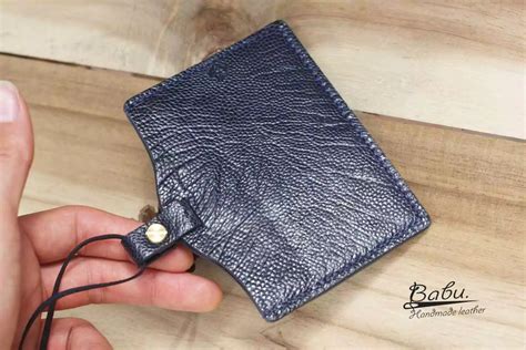 Navy Ostrich Leather Card Holder 